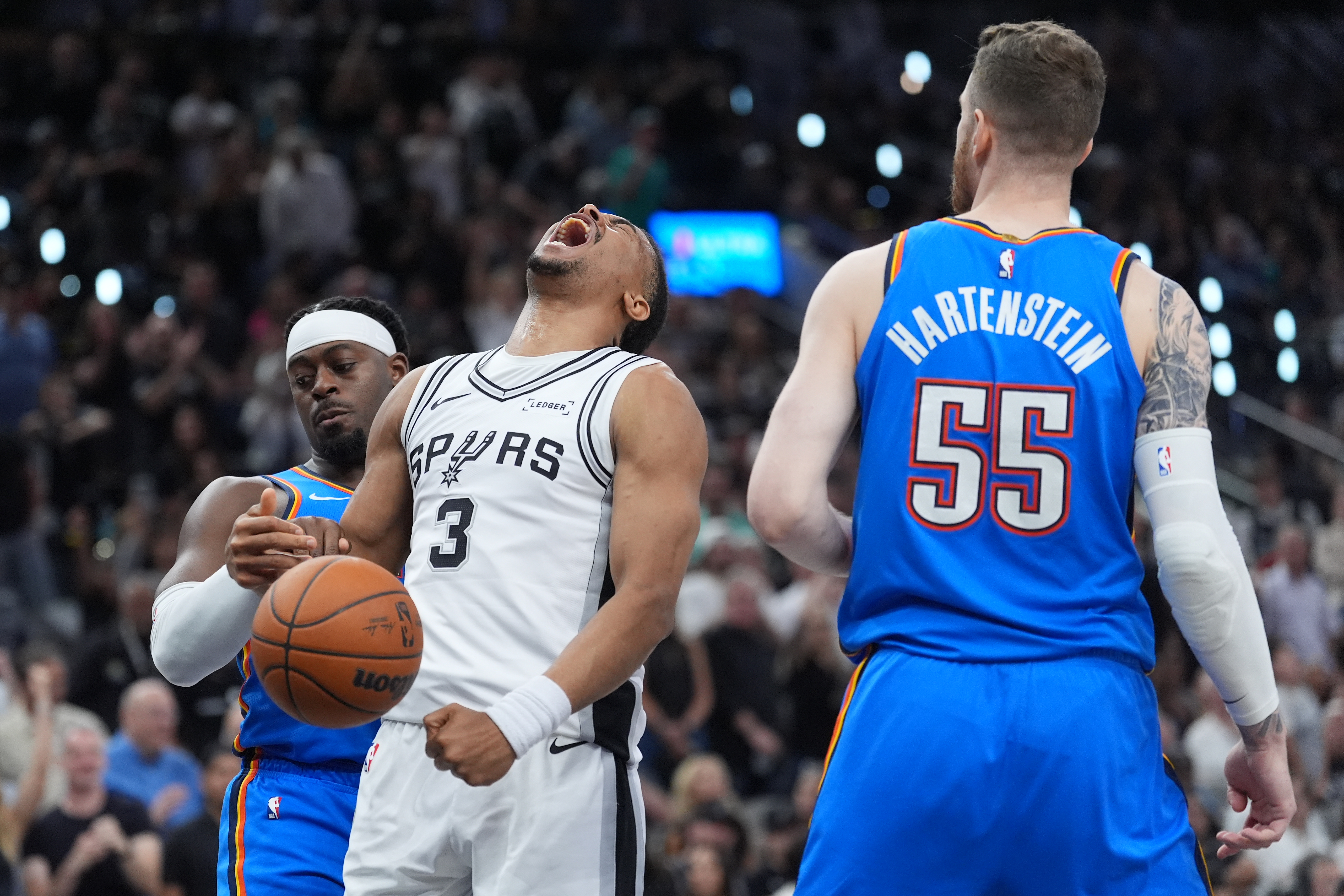 San Antonio Spurs forward Keldon Johnson celebrates in the NBA playoffs against the Oklahoma City Thunder.